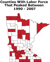 Map-counties with labor force that peaked between 1990-2007