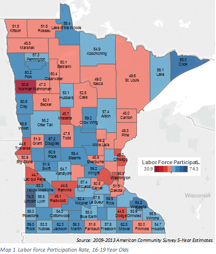 Labor Force Participation Rate, by county, among 16 - 19 year olds