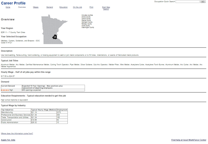 Career Profile tool screencap