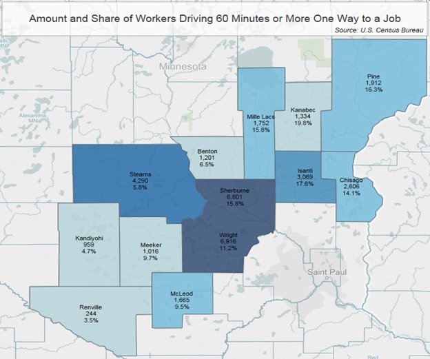 Amount and share of workers driving 60 minutes or more one way to a job