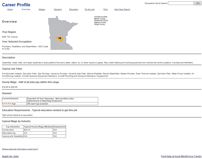 Career Profile tool screencap